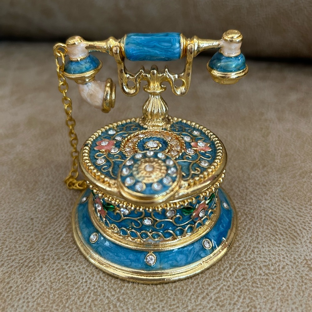 Vintage Style Blue and Gold Decorative Telephone. Trinket Box